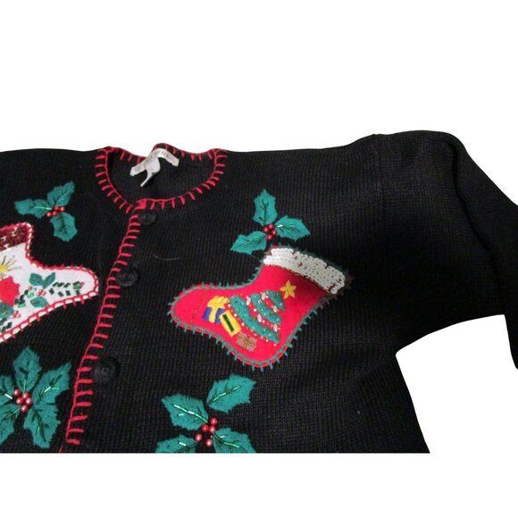 Vintage Victoria Jones Christmas Sweater Med Black Stocking Holly Applique GUC - Picture 5 of 9